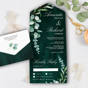 Invitation Tout En Un Mariage vert émeraude de la branche Eucalyptus