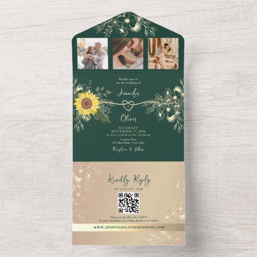 Invitation Tout En Un Mariage vert émeraude de tournesol floral rustique (À l'intérieur)