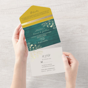 Invitation Tout En Un Mariage vert émeraude en bois rustique