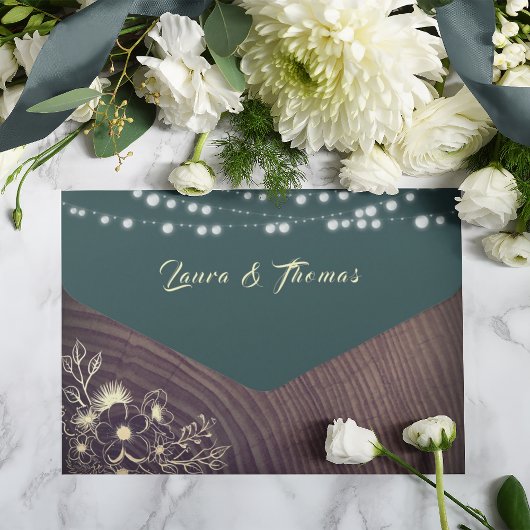 Invitation Tout En Un Mariage vert émeraude en bois rustique