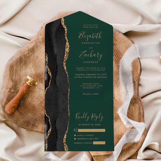Invitation Tout En Un Mariage vert émeraude moderne Black Gold Agate