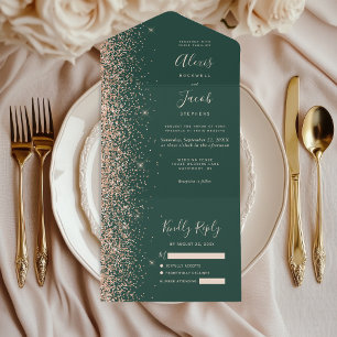 Invitation Tout En Un Mariage Vert Émeraude Paillettes de Pêche