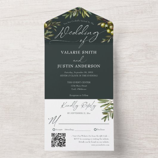 Invitation Tout En Un Mariage vert foncé de la branche d'olive rustique (À l'intérieur)