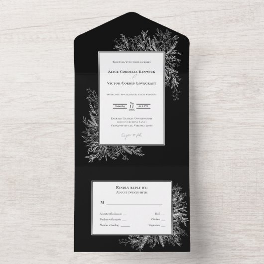 Invitation Tout En Un Mariage vert noir et blanc (À l'intérieur)