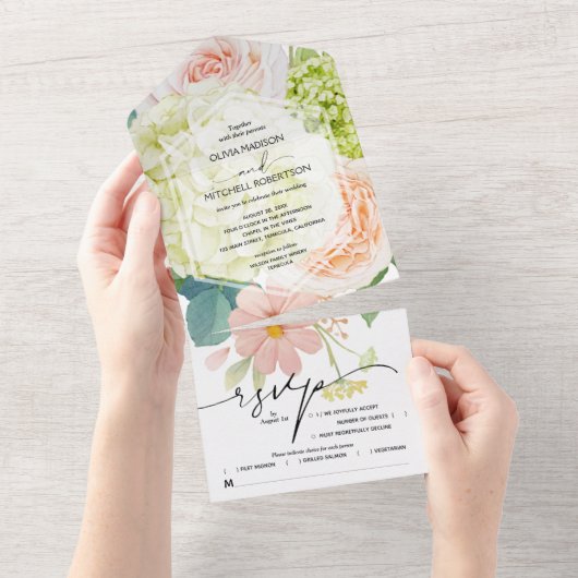 Invitation Tout En Un Mariage vert rose blanc (Déchirure)