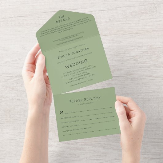 Invitation Tout En Un Mariage vert Sage (Déchirure)