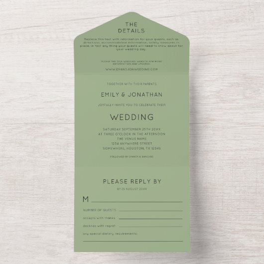 Invitation Tout En Un Mariage vert Sage (À l'intérieur)