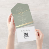 Invitation Tout En Un Mariage vert Sage de code QR (Déchirure)