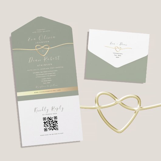 Invitation Tout En Un Mariage vert Sage de code QR