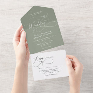 Invitation Tout En Un Mariage Vert Sauge Calligraphie Élégante et Floris