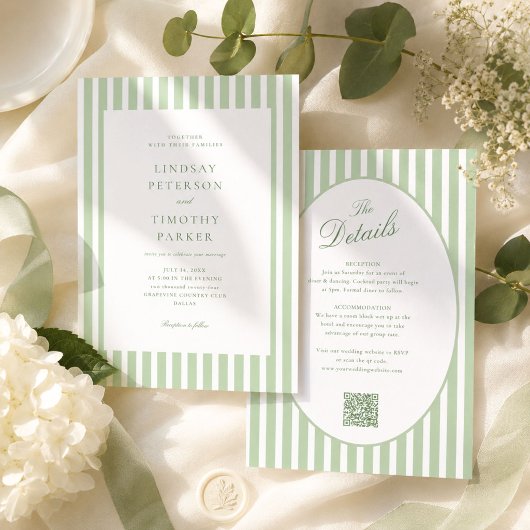 Invitation Tout en Un Mariage Vert Sauge Rayé
