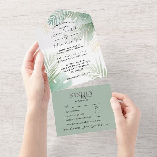 Invitation Tout En Un Mariage vert Tropical Palm Monstera (Déchirure)