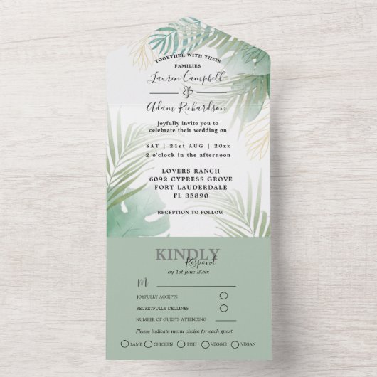 Invitation Tout En Un Mariage vert Tropical Palm Monstera (À l'intérieur)