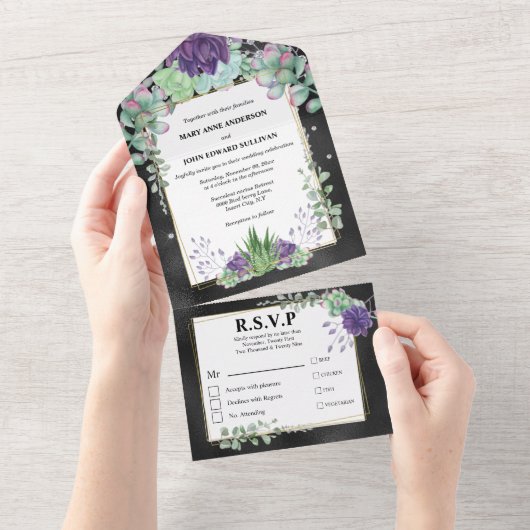 Invitation Tout En Un Mariage vert violet cactus eucalyptus vert (Déchirure)