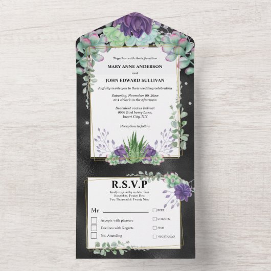 Invitation Tout En Un Mariage vert violet cactus eucalyptus vert (À l'intérieur)
