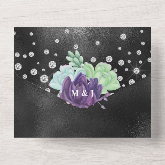 Invitation Tout En Un Mariage vert violet cactus eucalyptus vert (Verso)