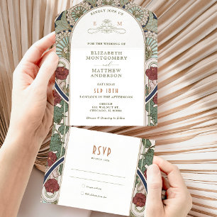Invitation Tout En Un Mariage vintage bleu marine Bourgogne Art Nouveau