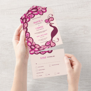 Invitation Tout En Un Mariage Vintage Élégance Paon Multicolore