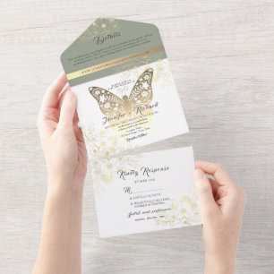 Invitation Tout En Un Mariage vintage Gold Sage Green