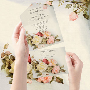 Invitation Tout En Un Mariage vintage Jardin antique Fleurs Roses