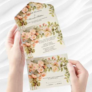 Invitation Tout En Un Mariage vintage Jardin antique Fleurs Roses floral