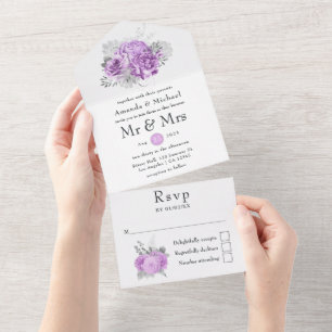 Invitation Tout En Un Mariage Vintage Rose Pourpre et Argent