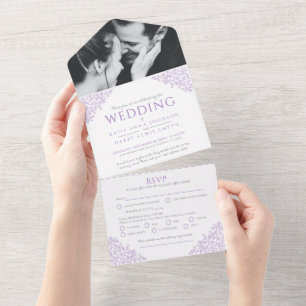 Invitation Tout En Un Mariage violet blanc feuille photo repas RSVP All 