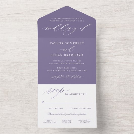 Invitation Tout En Un Mariage violet élégant classique (À l'intérieur)