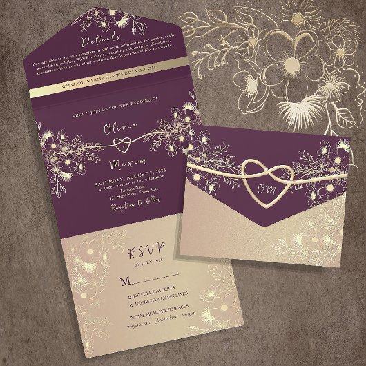 Invitation Tout En Un Mariage Violet et Or