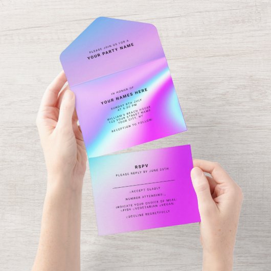 Invitation Tout En Un Mariage violet holographique moderne élégant (Déchirure)