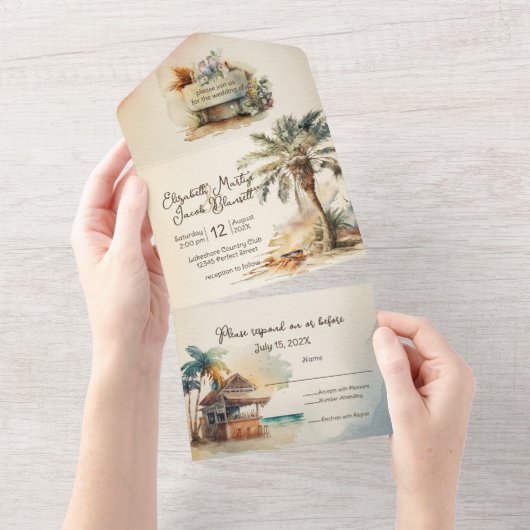 Invitation Tout En Un Mariage Watercolor Beach (Déchirure)