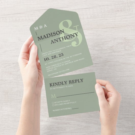 Invitation Tout En Un Mariage Whimsand Vert Sage moderne (Déchirure)