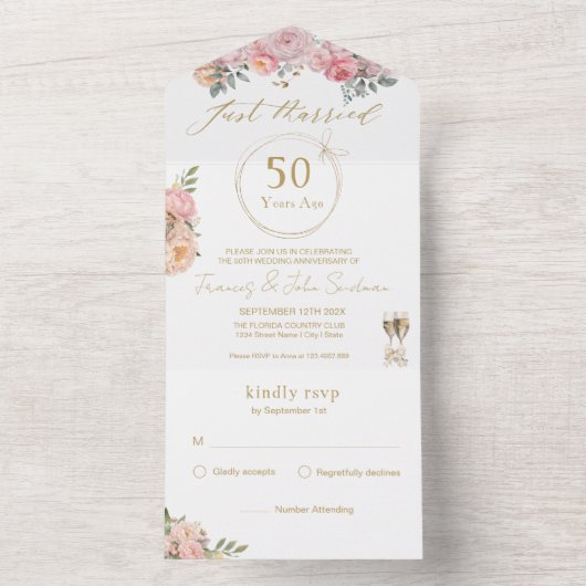 Invitation Tout En Un Marié 50e anniversaire de Mariage Pink Peony (À l'intérieur)