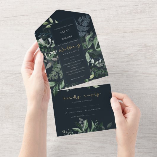 Invitation Tout En Un Marine Black Green Feuillage Tropical Mariage Al (Déchirure)