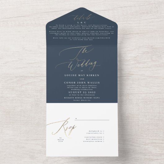 Invitation Tout En Un Marine Bleu Blanc Élégant Or Le Mariage (À l'intérieur)