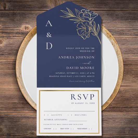 Invitation Tout En Un Marine Bleu Blanc or Floral Botanique Mariage RSVP