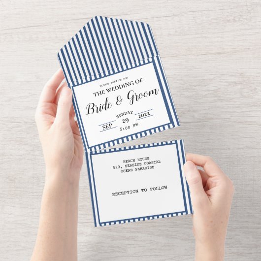 Invitation Tout En Un Marine Bleu Bleu Blancs Plage Plage Mariage (Déchirure)