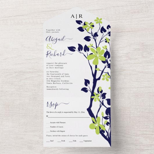 Invitation Tout En Un Marine bleu, branche verte citron avec fleurs mari (À l'intérieur)
