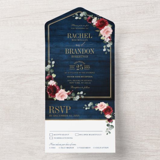 Invitation Tout En Un Marine Bleu Brousse Bourgogne Or Mariage géométriq (À l'intérieur)