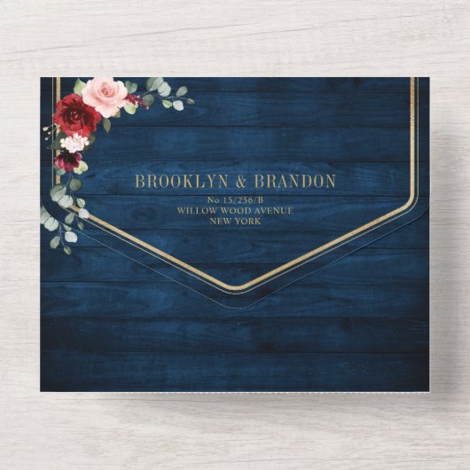 Invitation Tout En Un Marine Bleu Brousse Bourgogne Or Mariage géométriq (Verso)