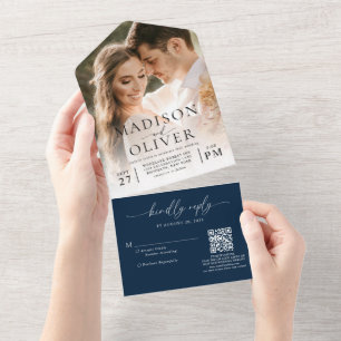 Invitation Tout En Un Marine Bleu Élégant Classic QR Code Mariage photo
