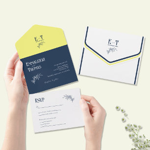 Invitation Tout En Un Marine bleu et jaune Simple Mariage moderne