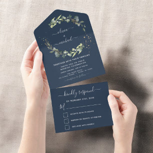 Invitation Tout En Un Marine Bleu Eucalyptus Vert Mariage Élégant