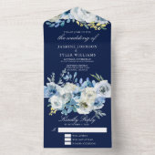 Invitation Tout En Un Marine Bleu Floral Élégant Mariage d'hiver (À l'intérieur)