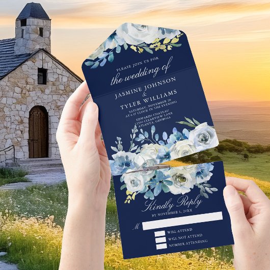 Invitation Tout En Un Marine Bleu Floral Élégant Mariage d'hiver