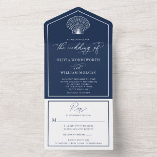 Invitation Tout En Un Marine Blue Beach Seashell Mariage côtier