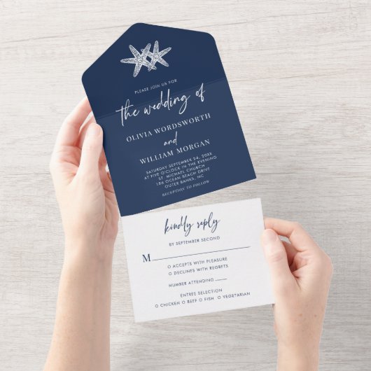 Invitation Tout En Un Marine Blue Beach Starfish Mariage minimal (Déchirure)