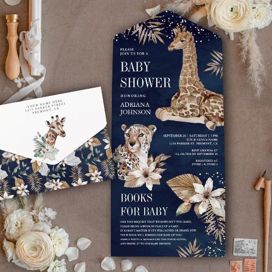 Invitation Tout En Un Marine Blue Boho Safari Leopard Giraffe Baby showe