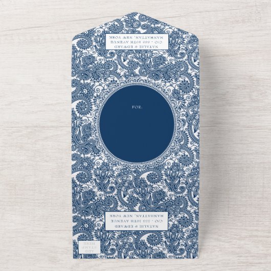 Invitation Tout En Un Marine Blue Filigree Paisley Henné Mariage RSVP (Dehors)