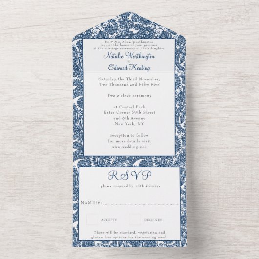 Invitation Tout En Un Marine Blue Filigree Paisley Henné Mariage RSVP (À l'intérieur)